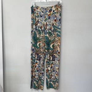 Cato Wide Leg Pants Vibrant Floral Paisley Design Blue Greens Small Oversized